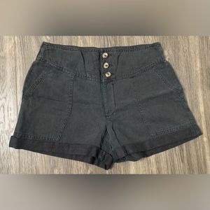 AE Aerie 3 Button High Waisted Stretch Back Linen Blend Shorts Black Size Med